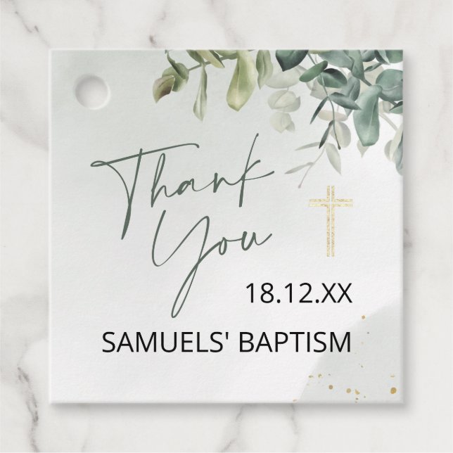 Étiquettes Cadeau Baptême Vert & Or Foliage Favoriser Baptême (Devant)