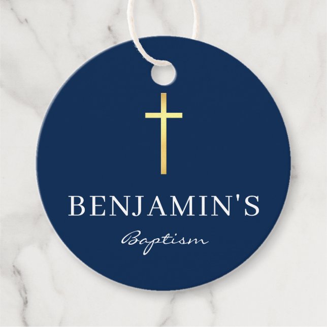 Étiquettes Cadeau BAPTISM MERCI moderne croix or moderne garçon mari (Devant)
