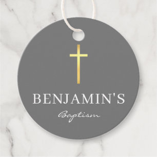 Étiquettes Cadeau BAPTISM MERCI or moderne croix garçon gris