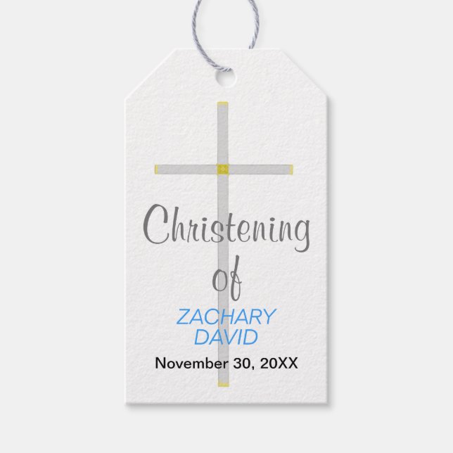 Étiquettes-cadeau Baptiste de nom Croix d'argent bleu (Devant)