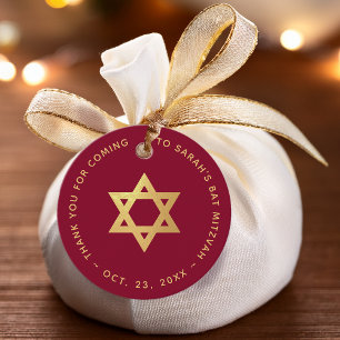 Étiquettes Cadeau Bar Mitzvah Bourgogne Faux Or Feuille Étoile de Da