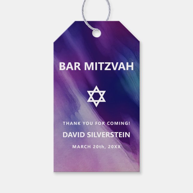 Étiquettes-cadeau Bar Mitzvah David étoile bleu violet moderne Hébre (Devant)