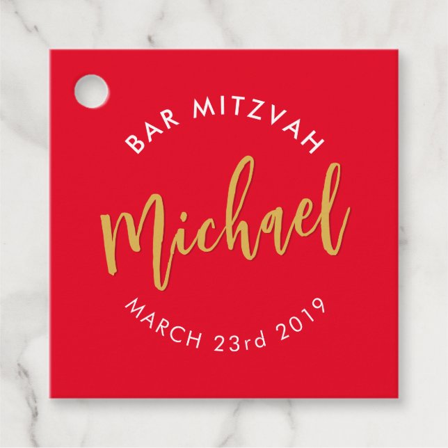 Étiquettes Cadeau BAR MITZVAH privilégie la calligraphie en or rouge (Devant)