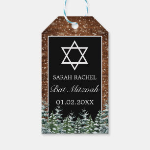 Étiquettes-cadeau Bat mitzvah de pin de bois et de pin de neige noir