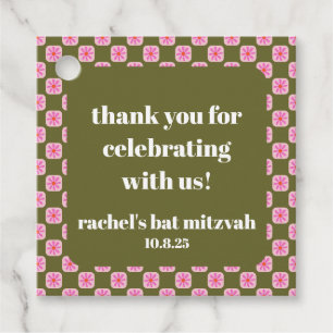 Étiquettes Cadeau Bat mitzvah vert rose rétro en carton fleuri