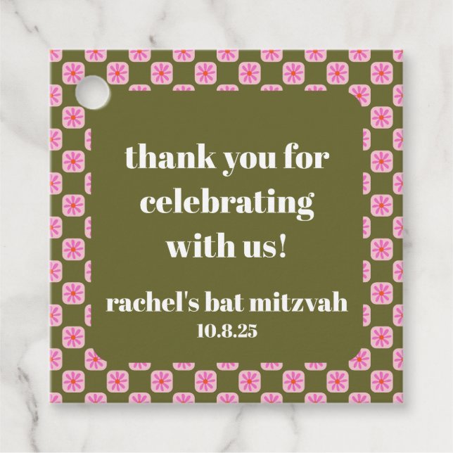 Étiquettes Cadeau Bat mitzvah vert rose rétro en carton fleuri (Devant)