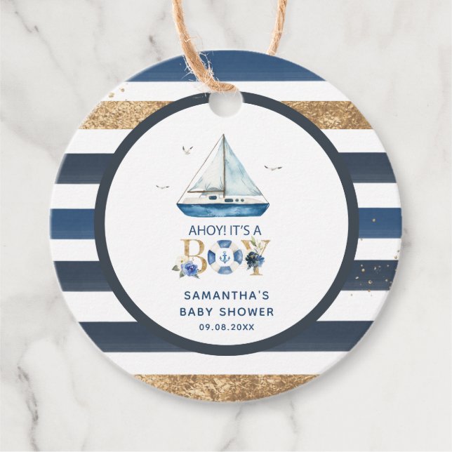 Étiquettes Cadeau Bateau bleu nautique Ahoy C'est un Baby shower gar (Devant)