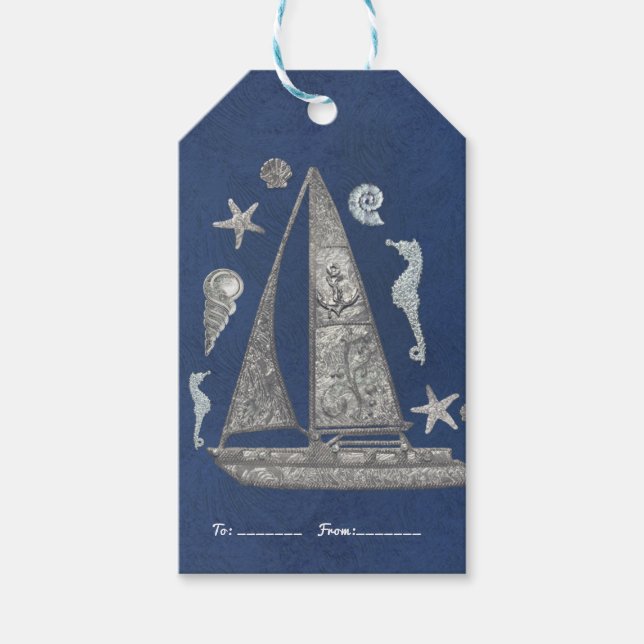 Étiquettes-cadeau Bateau Nautique Argent & Plage Choses Élégant Favo (Devant)