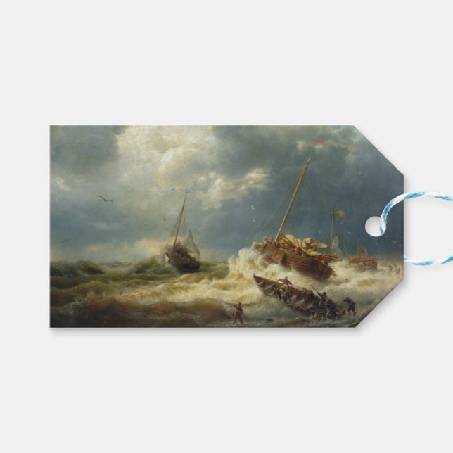 Étiquettes-cadeau Bateaux dans une tempête sur la côte néerlandaise (Devant (Horizontal))