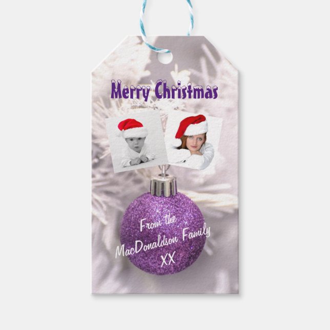 Étiquettes-cadeau Bauble violet Joyeux modèle photo de Noël (Devant)
