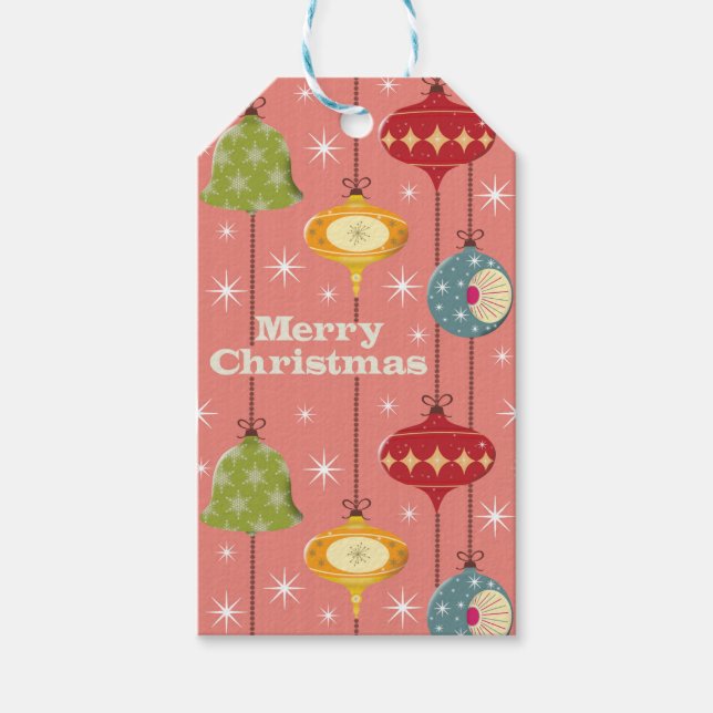 Étiquettes-cadeau Baubles de Noël modernes du milieu du siècle (Devant)