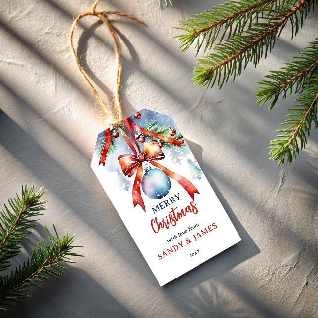 Étiquettes-cadeau Baubles de Noël rouge coquette arc personnalisée (Christmas baubles red coquette bow personalized Christmas gift tags creative gift tags)
