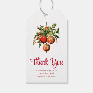 Étiquettes-cadeau Baubles de Noël rouges avec Merci Holly Festif