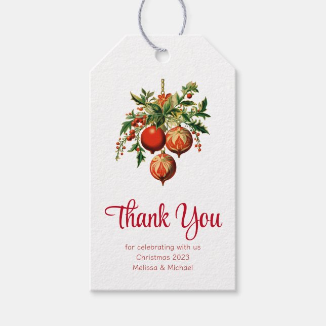 Étiquettes-cadeau Baubles de Noël rouges avec Merci Holly Festif (Devant)