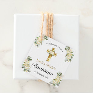 Étiquettes Cadeau Bautismo Cruz Floral Clásica Dorada Gracias