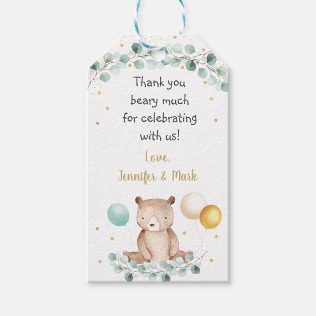 Étiquettes-cadeau Bear Greenery Or Genre Baby shower neutre (Devant)