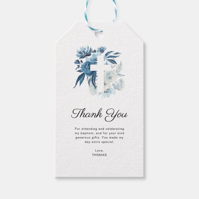 Étiquettes-cadeau beau bleu floral baptême photo merci (Devant)