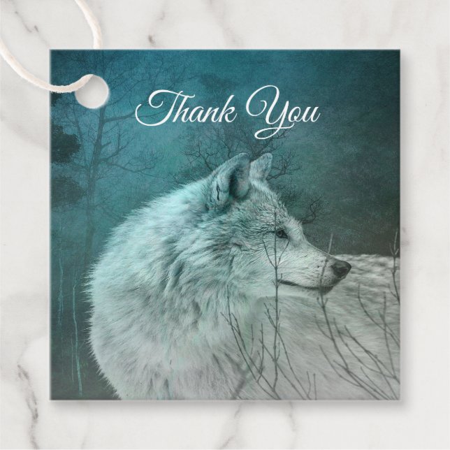 Étiquettes Cadeau Beau loup gris dans un Merci de forêt foncée (Devant)