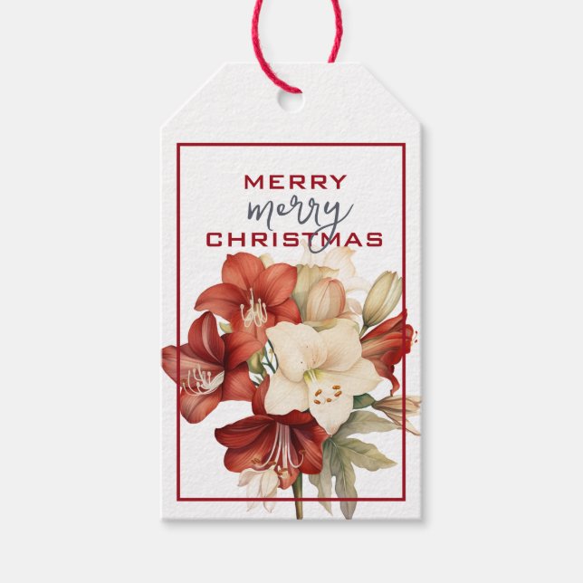 ÉTIQUETTES-CADEAU BEAU ROUGE ET BLANC FLEURS AMARYLLIS NOËL (Devant)