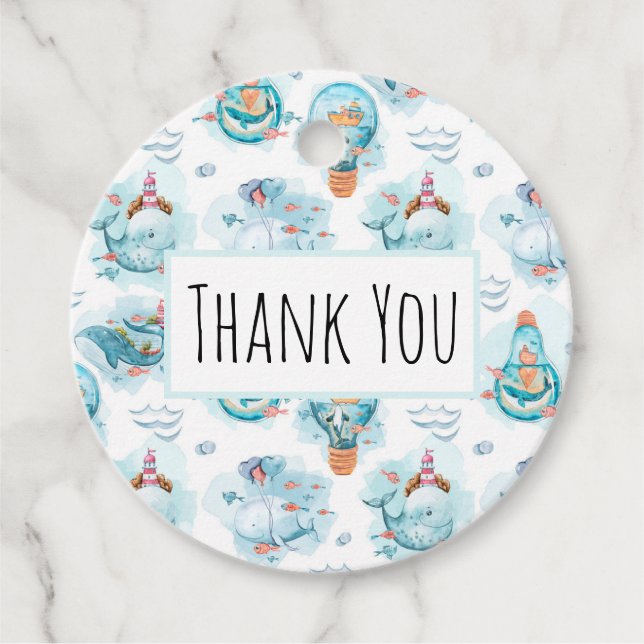 Étiquettes Cadeau Beaux Baleines nautiques Aquarelle Motif Anniversa (Devant)