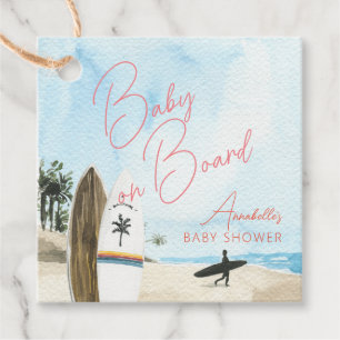 Étiquettes Cadeau Bébé à Bord Planche de Surf Plage Rose Baby Shower