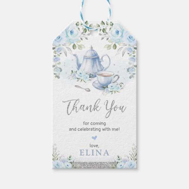 Étiquettes-cadeau Bébé Bleu Argent Floral Garden Tea Party (Devant)
