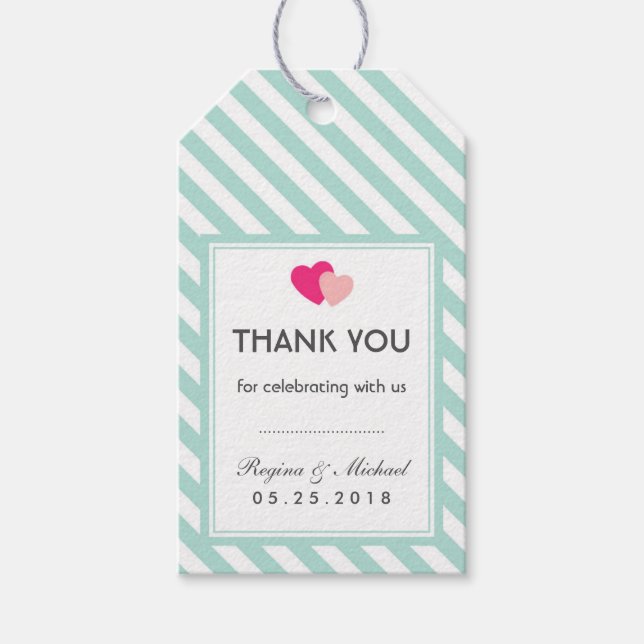 Étiquettes-cadeau Bébé Bleu Coeur rayures Motif Mariage Balise cadea (Devant)