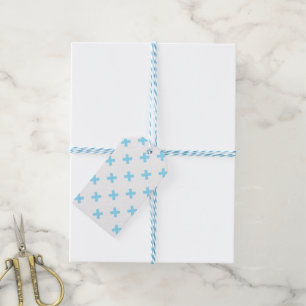 Étiquettes-cadeau Bébé bleu croix coutures sur blanc