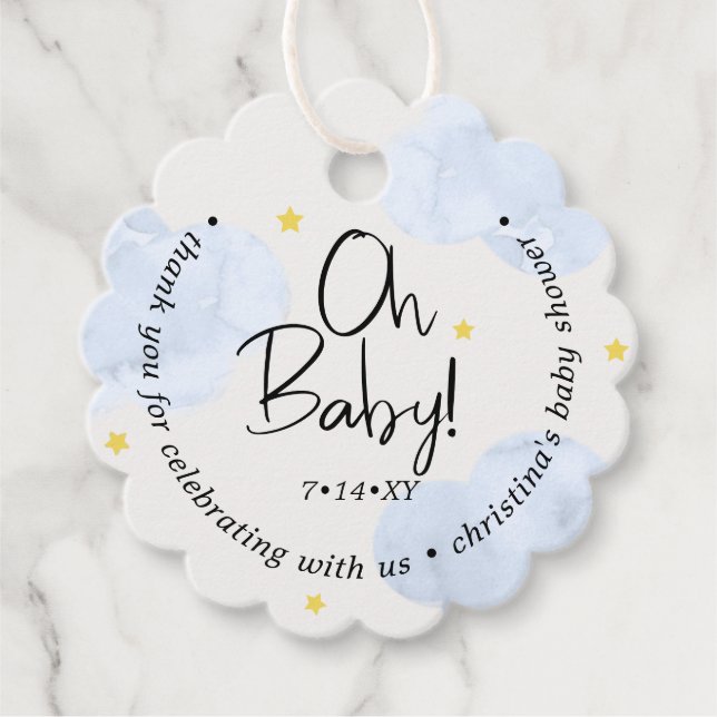 Étiquettes Cadeau Bébé bleu nuages Oh bébé Merci (Devant)
