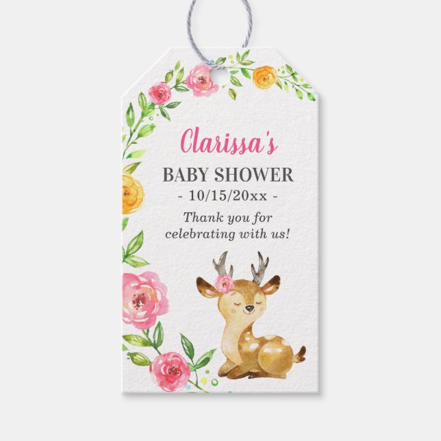 Étiquettes-cadeau Bébé cerf fille douche saupoudrer rose mignonne Fl (Devant)