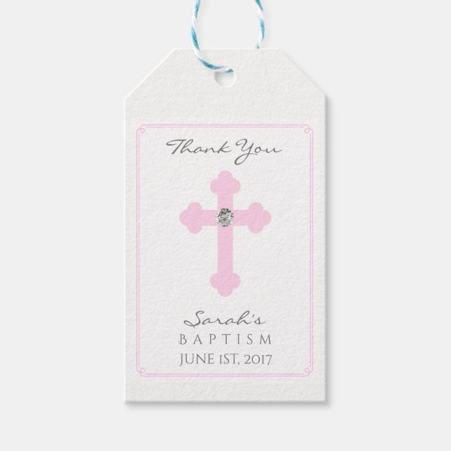 Étiquettes-cadeau Bébé élégant Croix rose Baptême / Christening Girl (Devant)