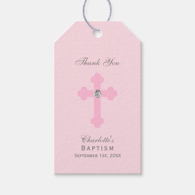 Étiquettes-cadeau Bébé élégant Croix rose Baptême / Christening Girl (Devant)