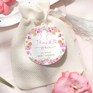 Étiquettes Cadeau Bébé en Baby shower Merci rose en fleur
