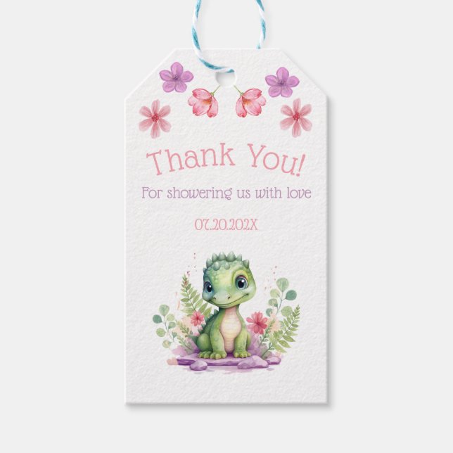 Étiquettes-cadeau Bébé fille Dinosaur rose et Merci pourpre Favorise (Devant)