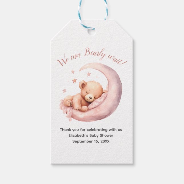 Étiquettes-cadeau Bébé Fille rose Ours Lune Baby shower d'attente pr (Devant)