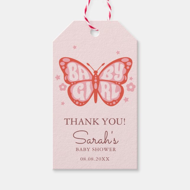 Étiquettes-cadeau Bébé Fille rose Papillon Baby shower Balises cadea (Devant)