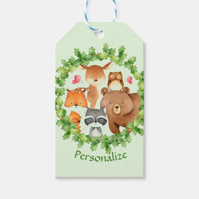 Étiquettes-cadeau Bébé Forêt Animaux Ours Raccoon Écureuil Anniversa (Devant)