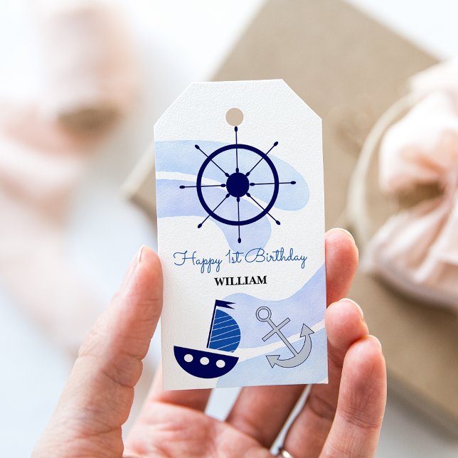 Étiquettes-cadeau Bébé Garçon Nautique Aquarelle Marine Bleu (Créateur téléchargé)
