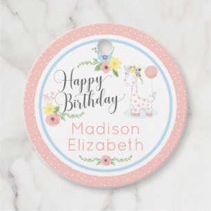 Étiquettes Cadeau Bébé girafe Fête de 1er anniversaire floral rose j