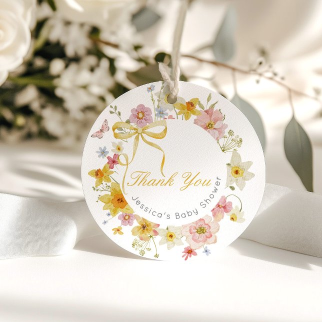 Étiquettes Cadeau Bébé jaune en Merci de boue fleurie (Créateur téléchargé)