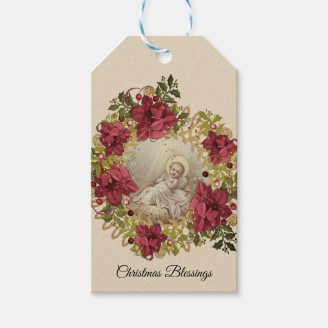 Étiquettes-cadeau Bébé Jésus Noël Floral Wreath religieuse (Devant)