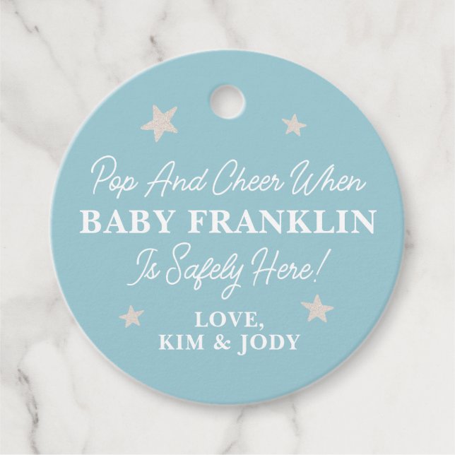 Étiquettes Cadeau Bébé mignon Garçon Argent Stars Champagne Baby sho (Devant)