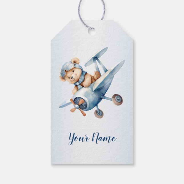 Étiquettes-cadeau Bébé mignon Ours Pilote Avion Bleu Beau (Dos)
