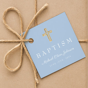 Étiquettes Cadeau Bébé moderne bleu Croix religieuse garçon Baptême