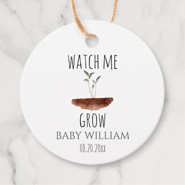 Étiquettes Cadeau Bébé Plante Watch Me Grow Aquarelle (Devant)