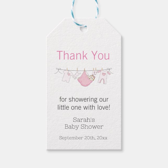Étiquettes-cadeau Bébé rose mignonne fille Merci en ligne de linge (Devant)