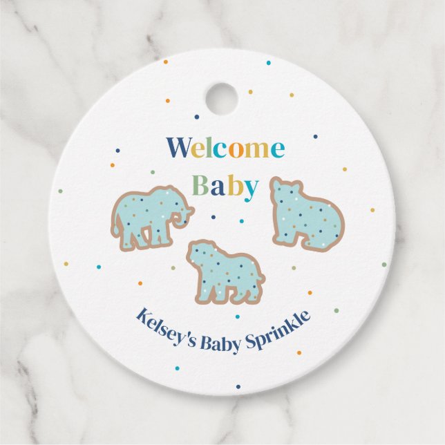 Étiquettes Cadeau Bébé Saupoudrer Animaux Cookies Baby shower garçon (Devant)