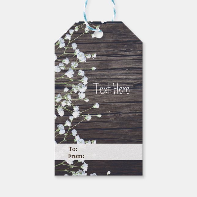 Étiquettes-cadeau Bébé's Breath Floral & Dark Rustic Wood Mariage (Devant)
