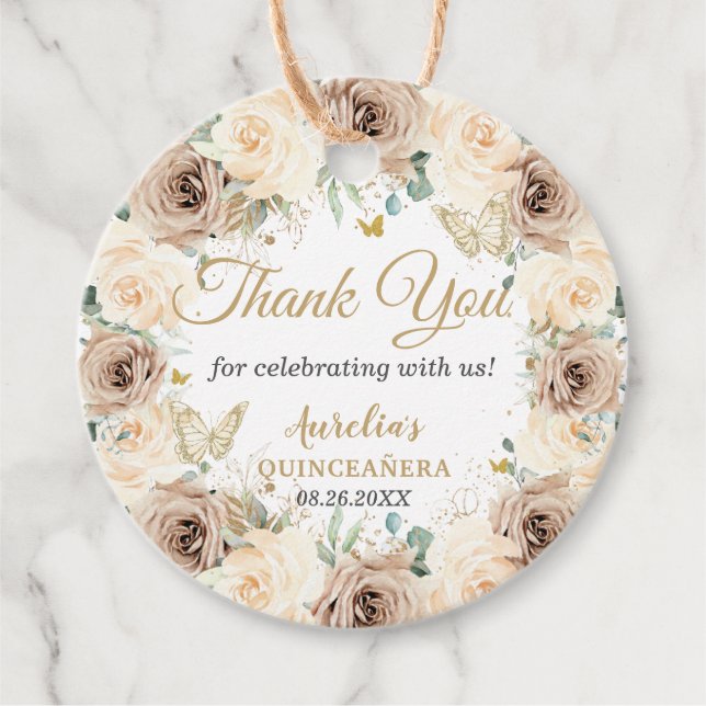 Étiquettes Cadeau Beige Crème Champagne Floral Quinceañera Douce 16 (Devant)