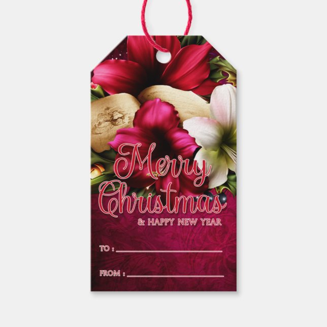 Étiquettes-cadeau Belle Amaryllis et livre Joyeux Noël (Devant)